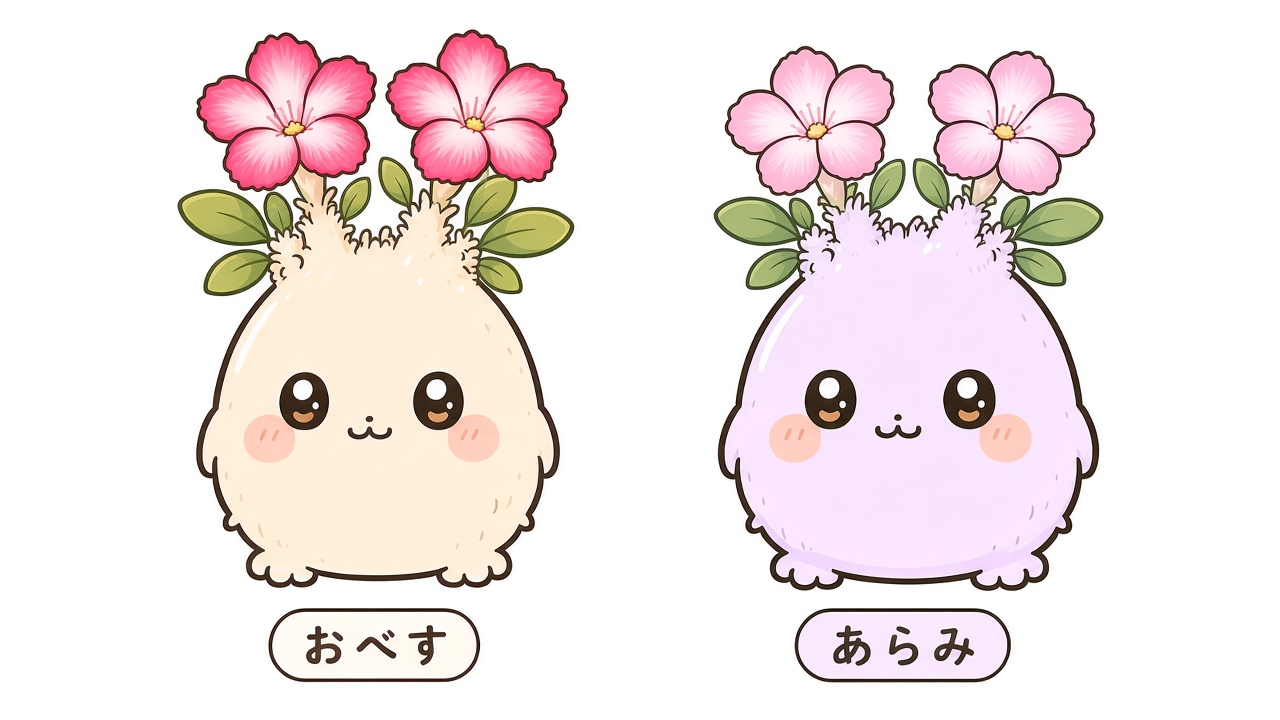 ならんでいる、おべす（クリーム色・ピンクの花）とあらみ（ラベンダー色・淡いピンクの花）
