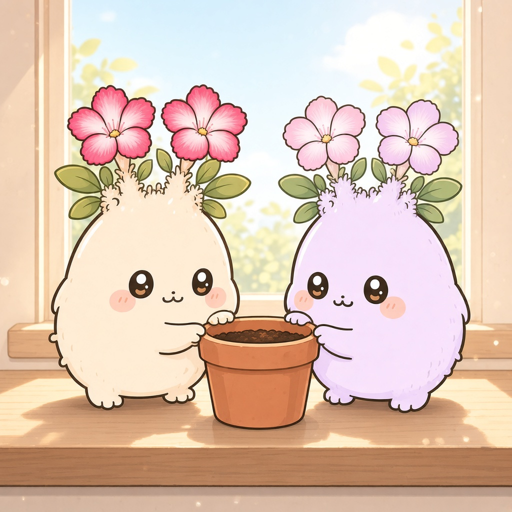 窓辺で、いっしょに鉢をのぞきこむ、おべすとあらみ